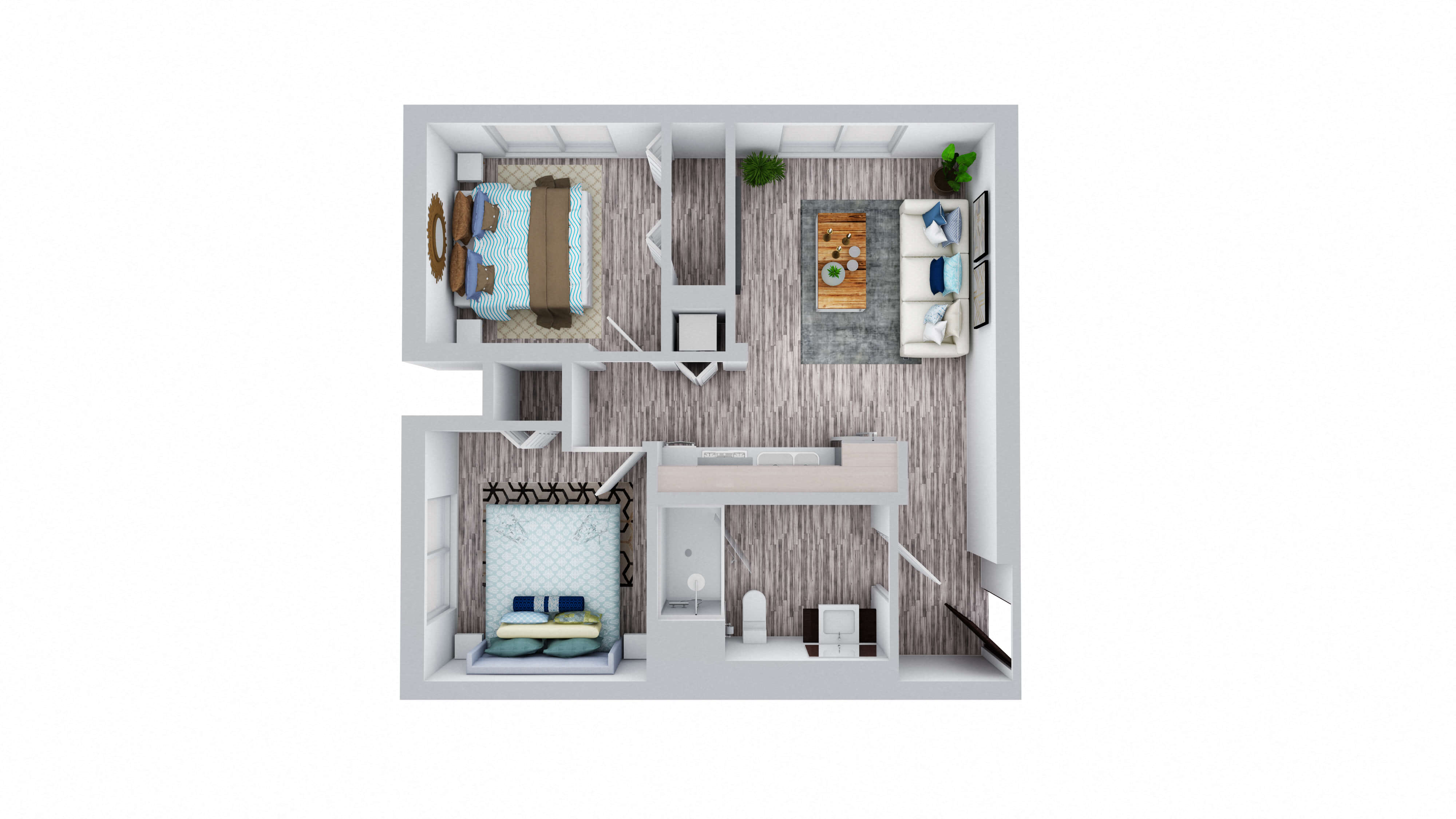 Floor plan for 2 beds, 1 bath, 697 sqft